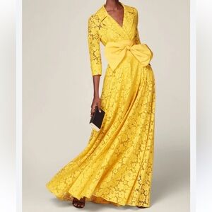 Carolina Herrera yellow maxi bow Lace Long Sleeve Dress gown size 6